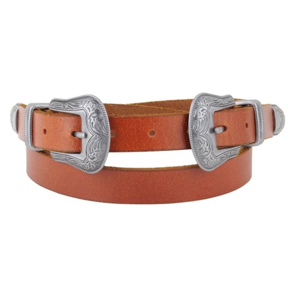 195. Most wanted Western Brown Leather Double Buckle Belt/ Silver Buckles Small